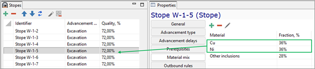 The image shows a list of stopes with excavation details and specific material fractions in a properties pane.