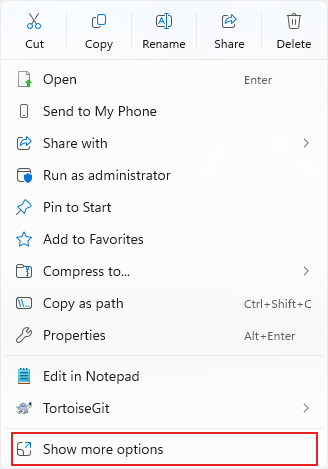 Context menu showing file actions like Open, Share, Properties, with "Show more options" highlighted at the bottom.