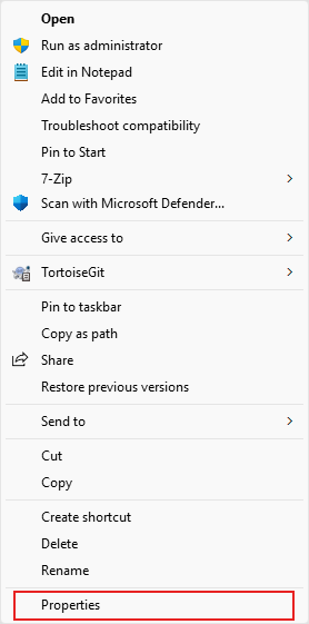 Context menu with various actions shown; \"Properties\" is highlighted at the bottom.