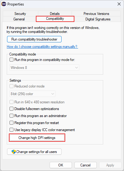 Windows Properties window: Compatibility tab with DPI and resolution settings options, including compatibility mode selection.
