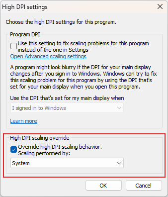 High DPI settings window with options for DPI scaling and override, and "OK" or "Cancel" buttons.