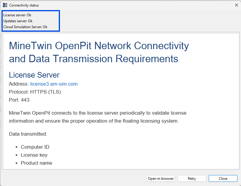 Software connectivity status: License, Update, Cloud Simulation servers all OK. Displays licensing server connection details.