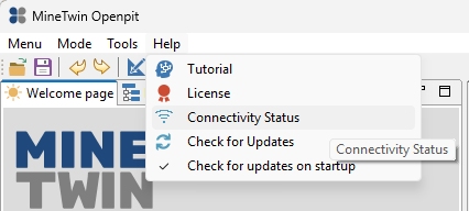 The image shows a software interface with a "Help" menu open, listing options like Tutorial, License, and Connectivity Status.
