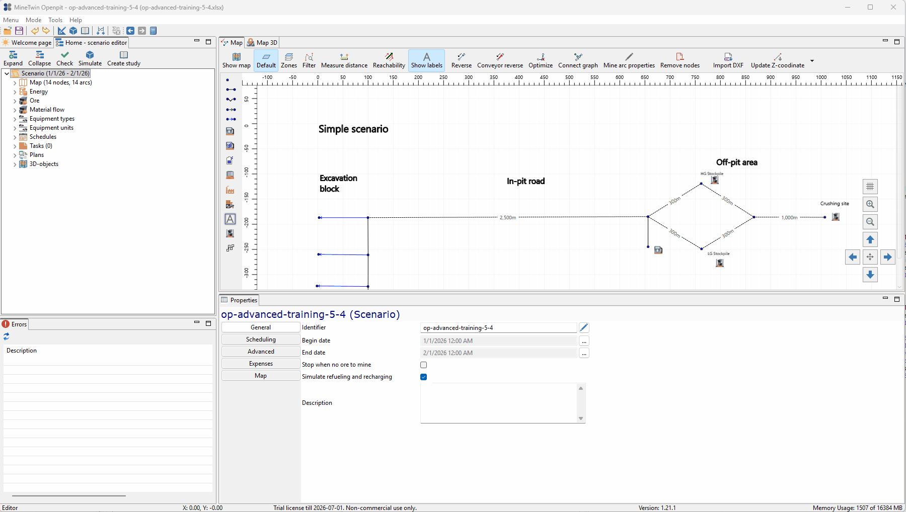 In the animation, a user navigates a mining simulation software, opening a library of equipment specifications, selecting a loader type, and viewing its detailed properties.
