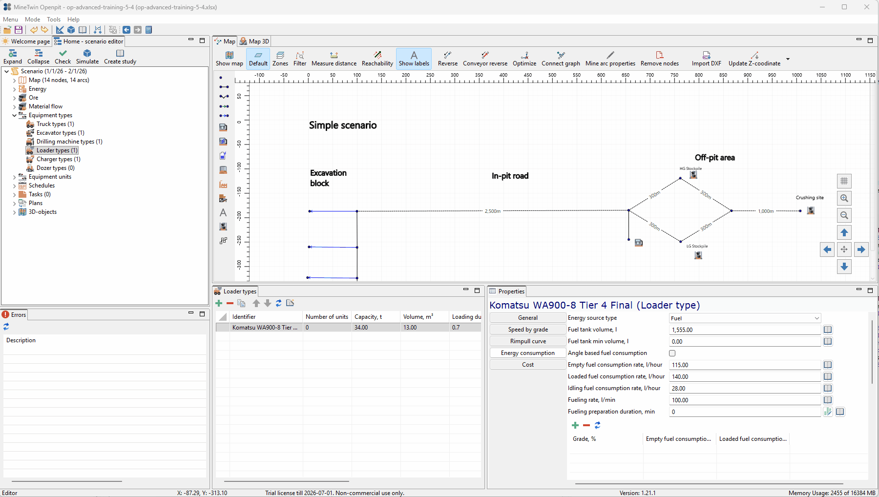 User information is added and selected in simulation software, focusing on "Loader 1" with specifications and settings being configured.