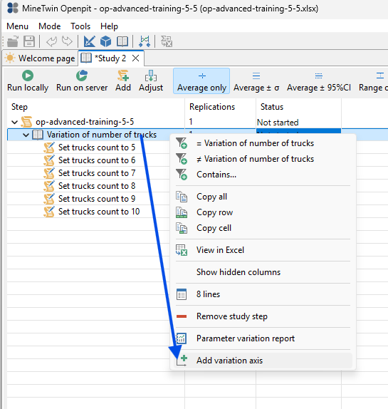 MineTwin Openpit interface: menu contains options to set truck counts, with dropdown for actions including "Add variation axis."