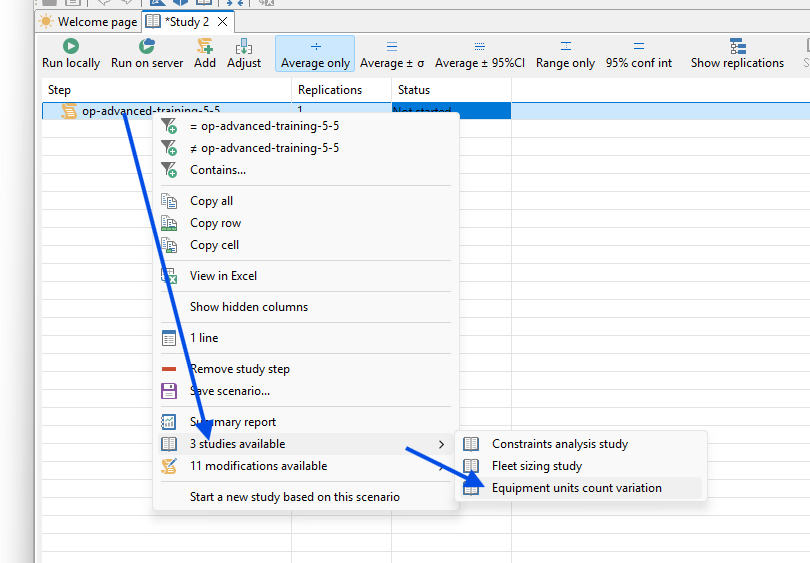 Context menu with options for report generation, scenario studies, and modifications in a simulation software interface.