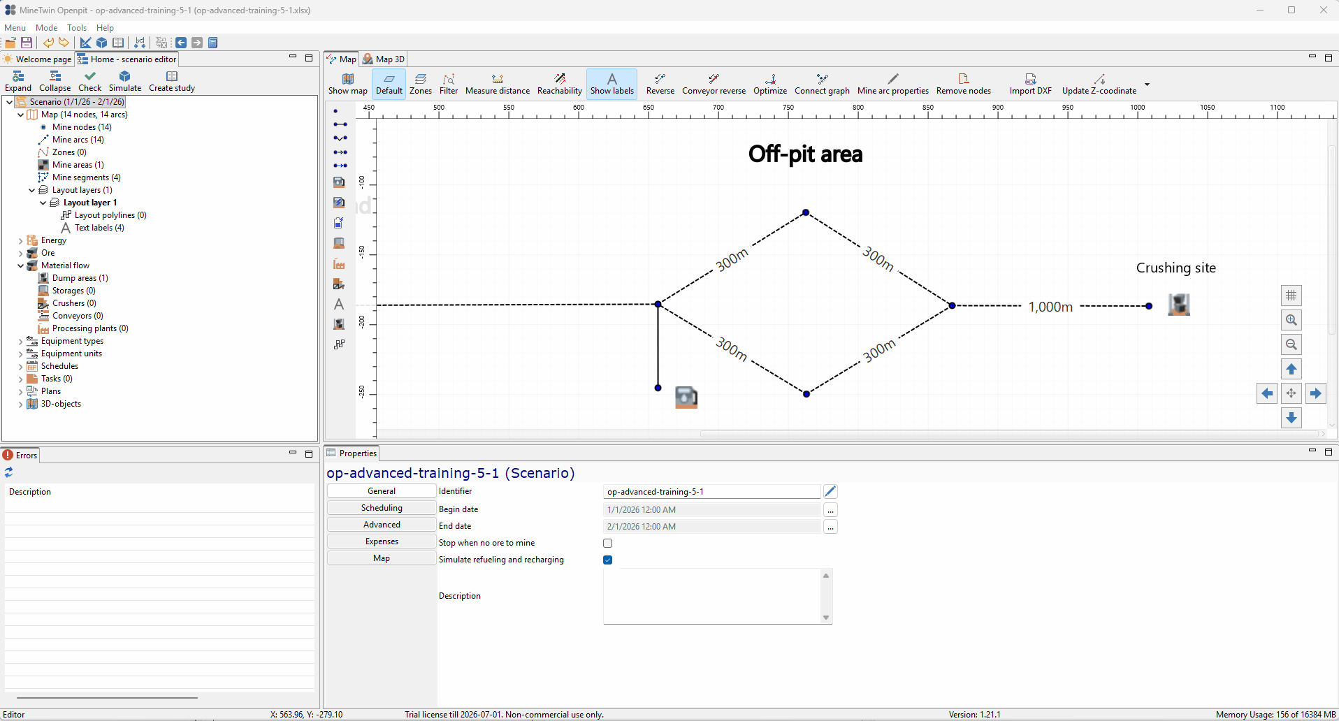 The animation shows a mine mapping software interface with screen changes, focusing on editing properties of an "Off-pit zone" and displaying a network layout with nodes and distance labels.