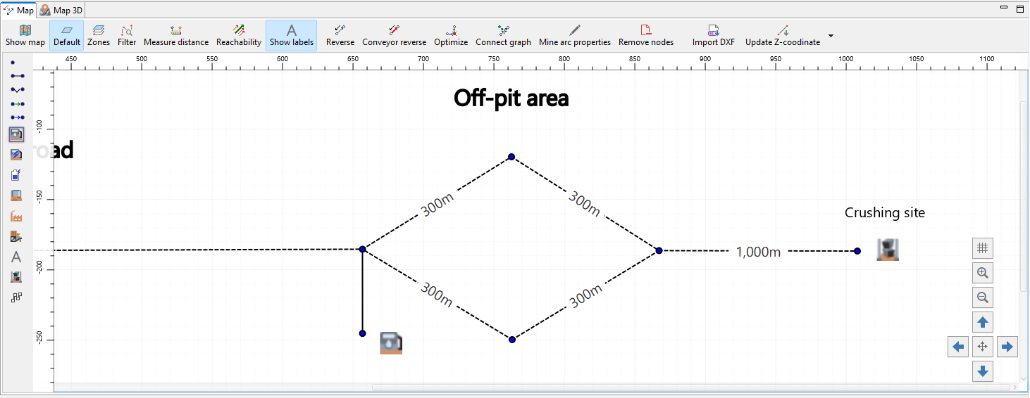 Map layout showing an off-pit area with roads; distances marked; ends at a crushing site. Contains toolbar and navigation tools.