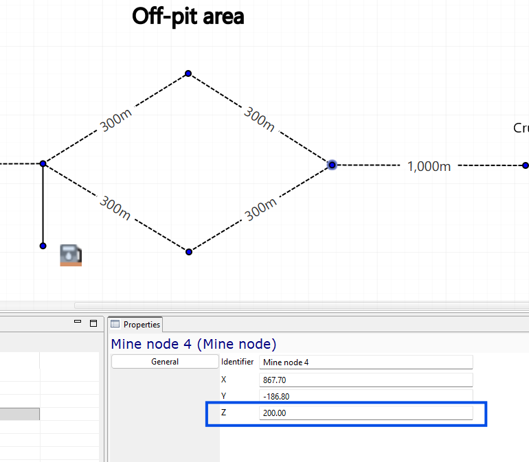 Diagram of mine nodes with distances, featuring properties panel for Mine node 4 displaying X, Y, Z coordinates.