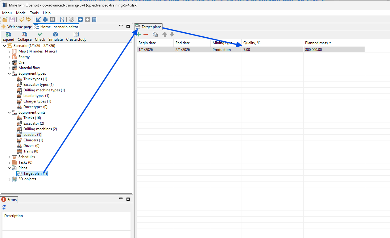 Scenario editor with target plans, displaying mining schedule and equipment overview, quality, and planned mass.