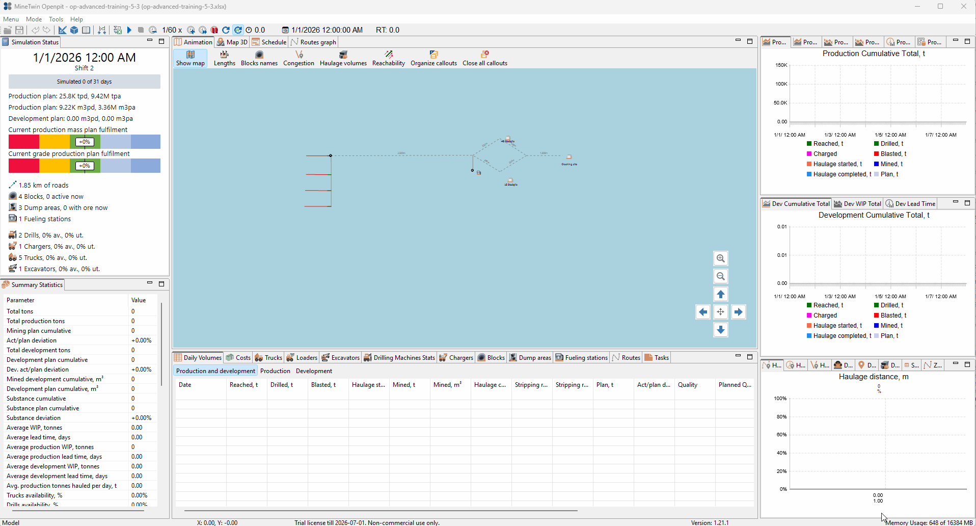 The animation displays a simulation interface where mining operations progress over time, with changes in equipment utilization, stockpile status, and production statistics, leading to updates on a graphical map and accompanying charts.