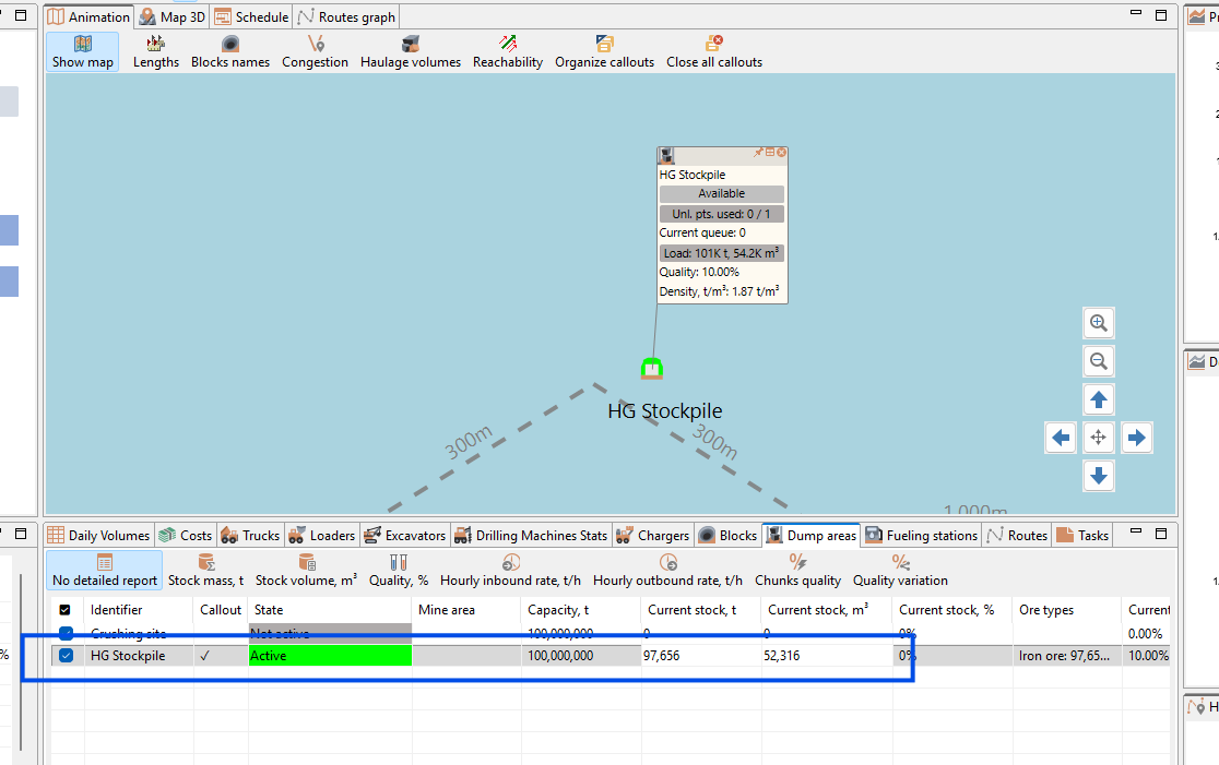 The interface displays a map with stockpile data, metrics, control tabs, and status with zoom and navigation tools.