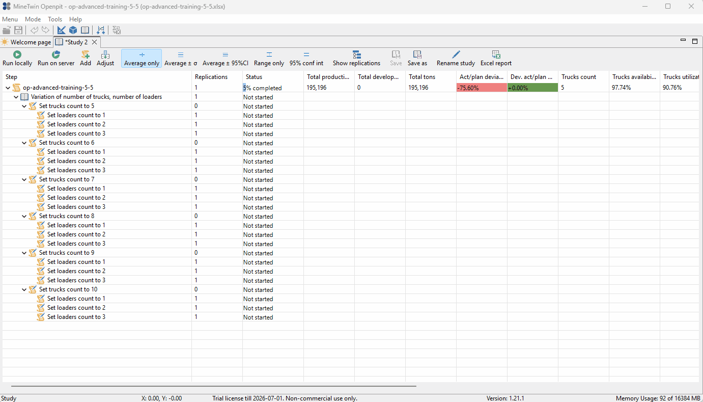 A progress column in a software interface displays the increasing percentage completion of several tasks related to truck and loader counts over time.
