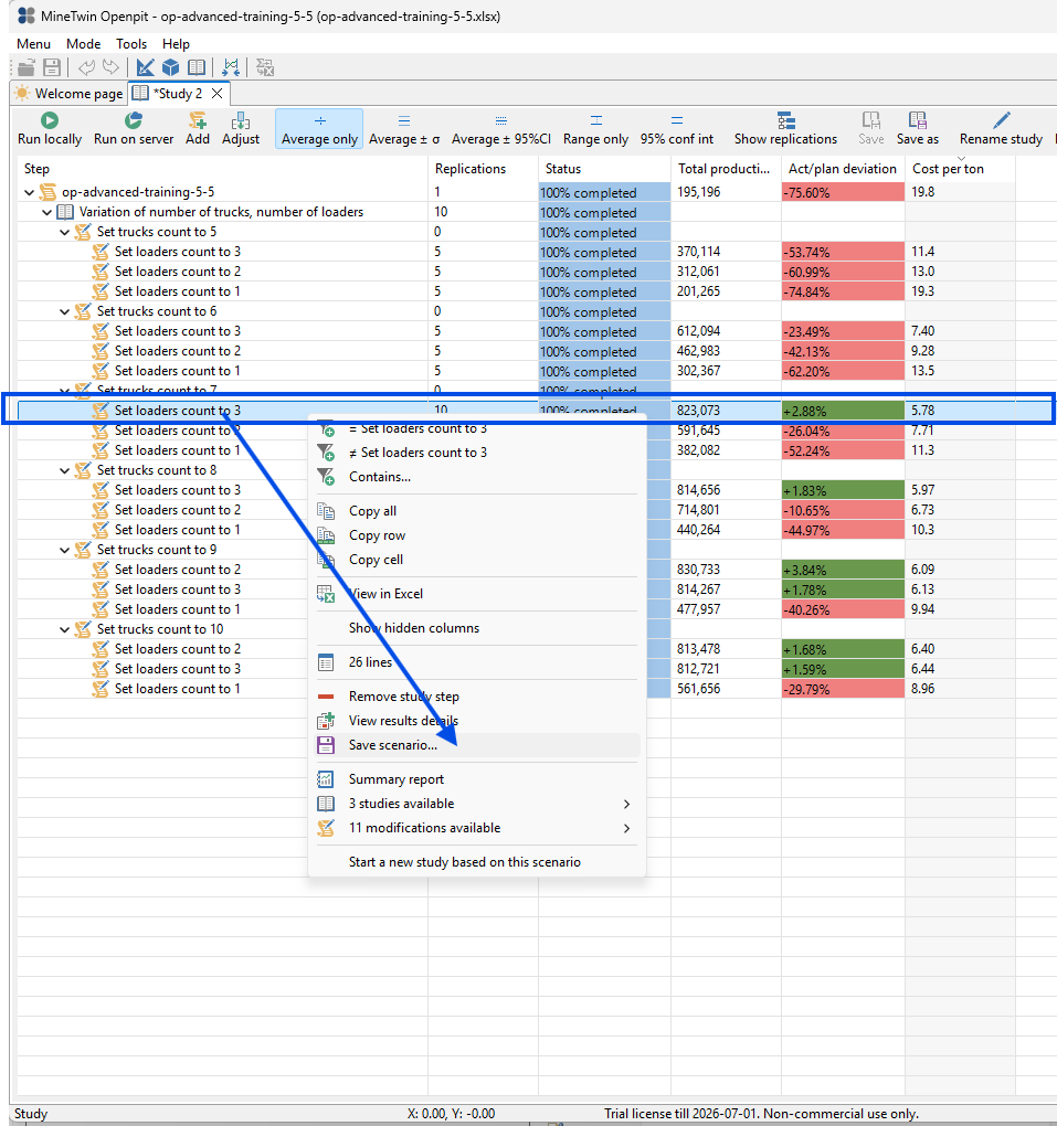 A software interface showing study steps and replication results with context menu options highlighted for selecting and saving scenarios.