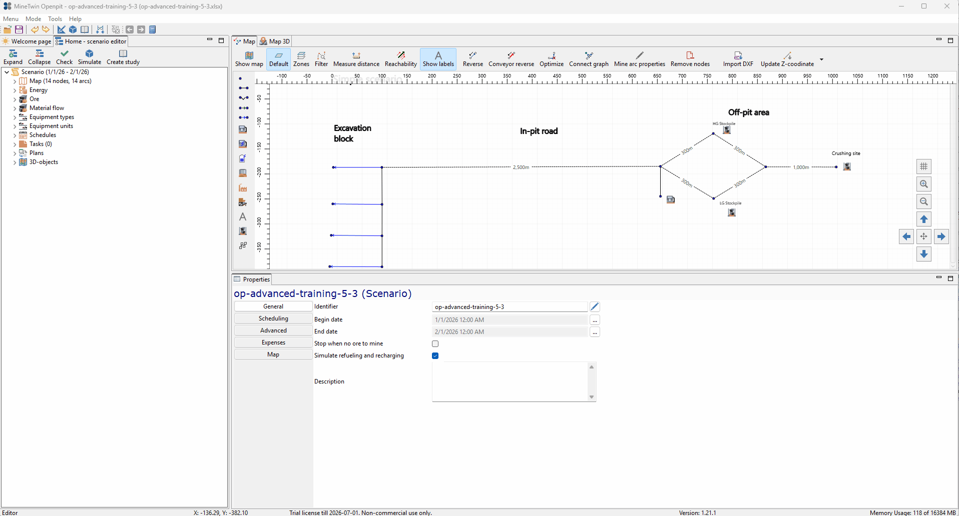 The animation shows software interface changes where a detailed properties panel and a blocks table appear and expand, revealing information about ore quality and material composition.