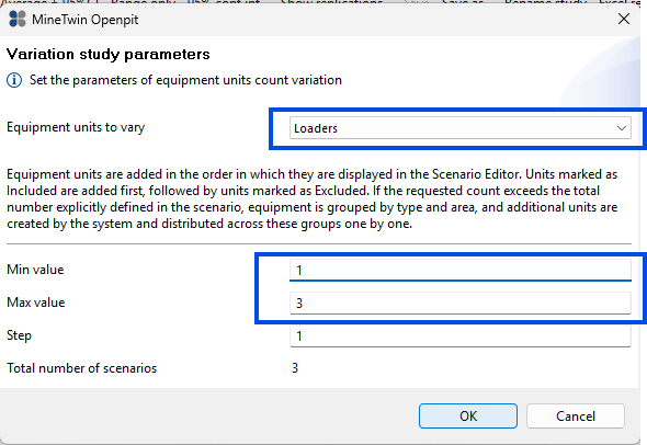 Dialog for setting equipment variation: Select type, min/max values (1-3), step (1), total scenarios (3).