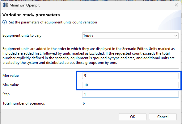 Dialog for setting equipment variation: select "Trucks," specify min (5), max (10), step (1); scenarios total 6.