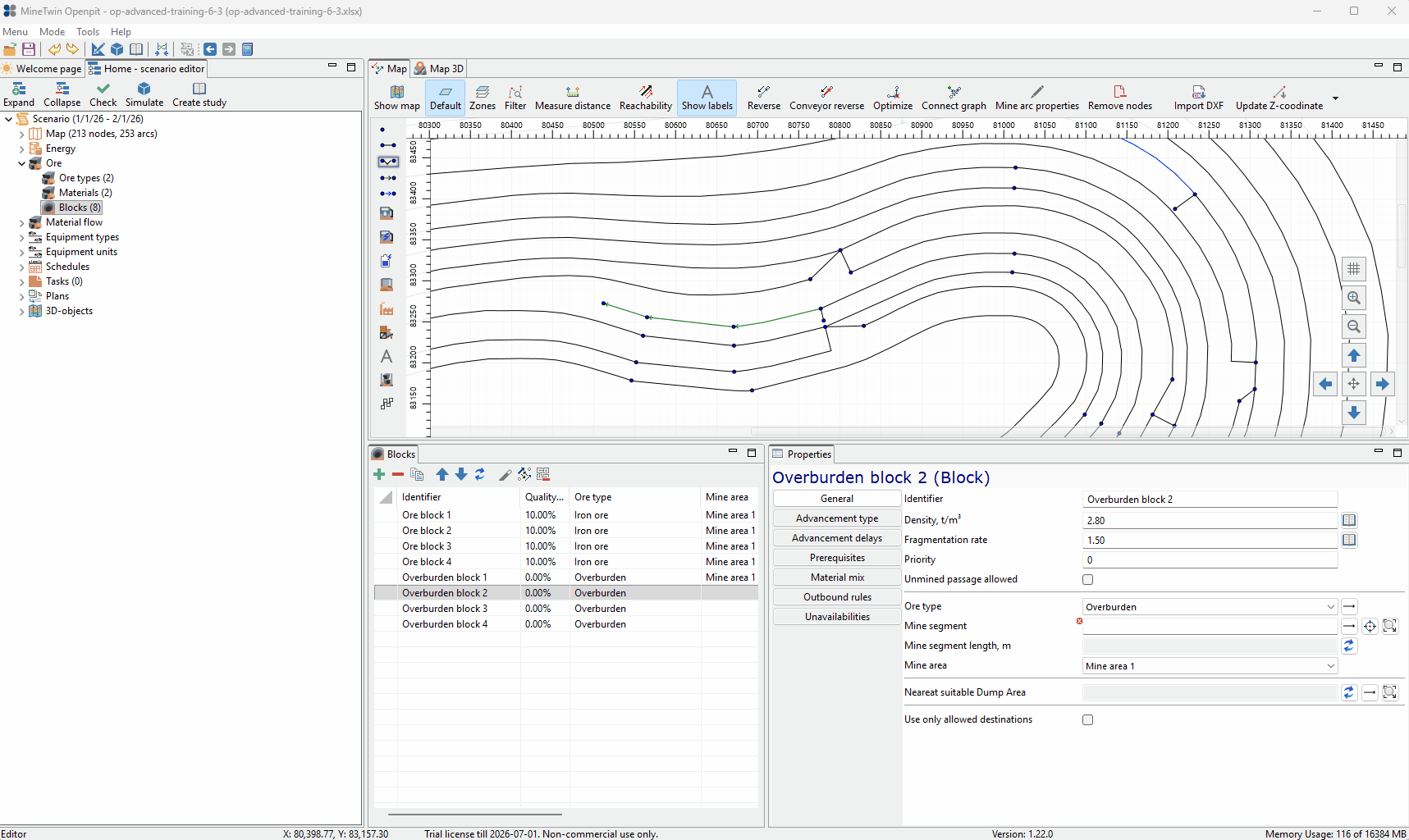 A software interface displays changes in the selection of different mining blocks, with the properties and details for each selected block appearing in a side panel.