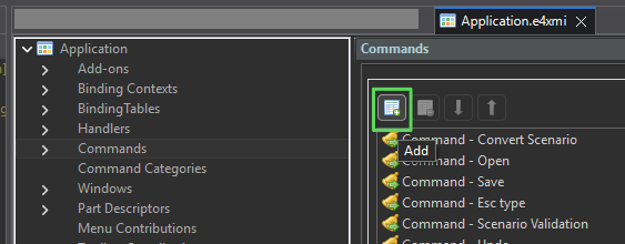 UI window showing "Application.e4xmi", with a Commands pane. "Add" button in green is highlighted.