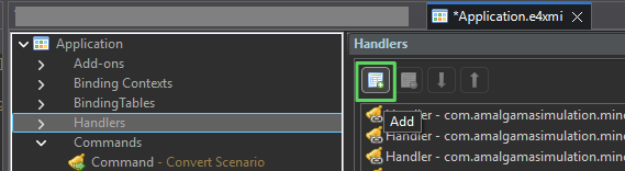 Menu showing "Application" hierarchy with "Handlers" selected, details pane on the right displaying handlers list with icons.