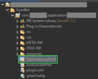 Project explorer showing a directory tree with an \"Application.e4xmi\" file highlighted under \"resources\".