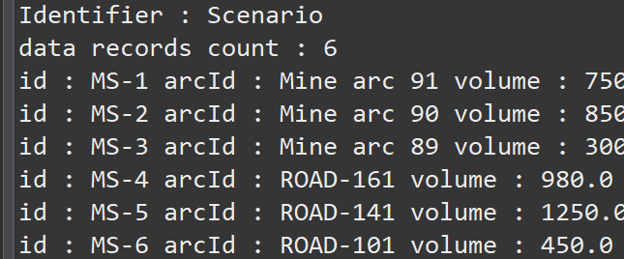 Scenario with 6 data records: IDs, arcIds, descriptions, and volumes are listed.