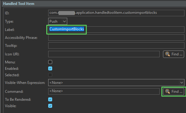 UI dialog titled "Handled Tool Item" with fields for ID, Type, Label, Tooltip, and options for visibility and rendering.