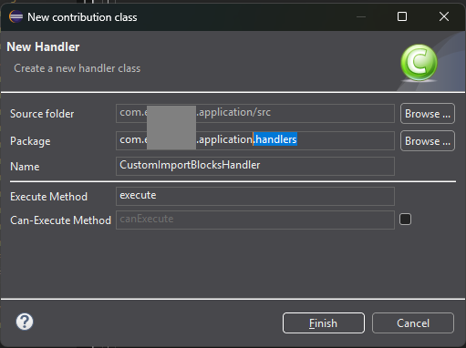 Dialog for creating a new handler with fields for source folder, package, and methods; includes Finish and Cancel buttons.