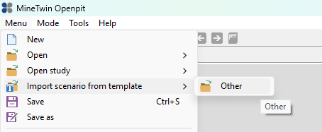 MineTwin Openpit software menu with file options; \"Import scenario from template\" has a submenu open showing \"Other\".