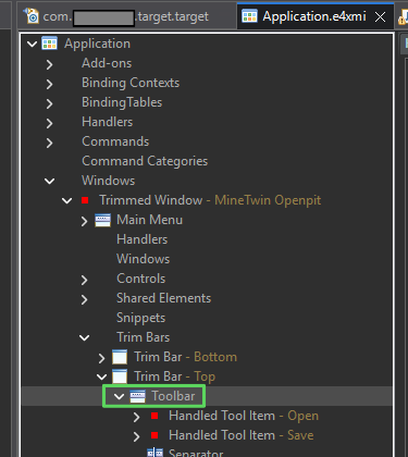 Eclipse IDE window showing an XML configuration tree with toolbar and tool items highlighted within a trimmed window section.