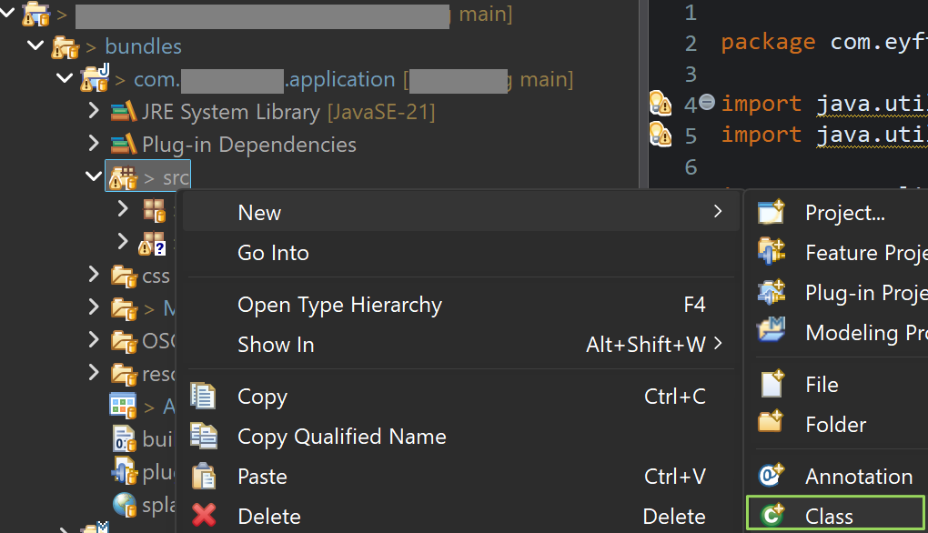 Eclipse IDE showing "src" context menu with options, focusing on creating a new Java "Class" in the project explorer.