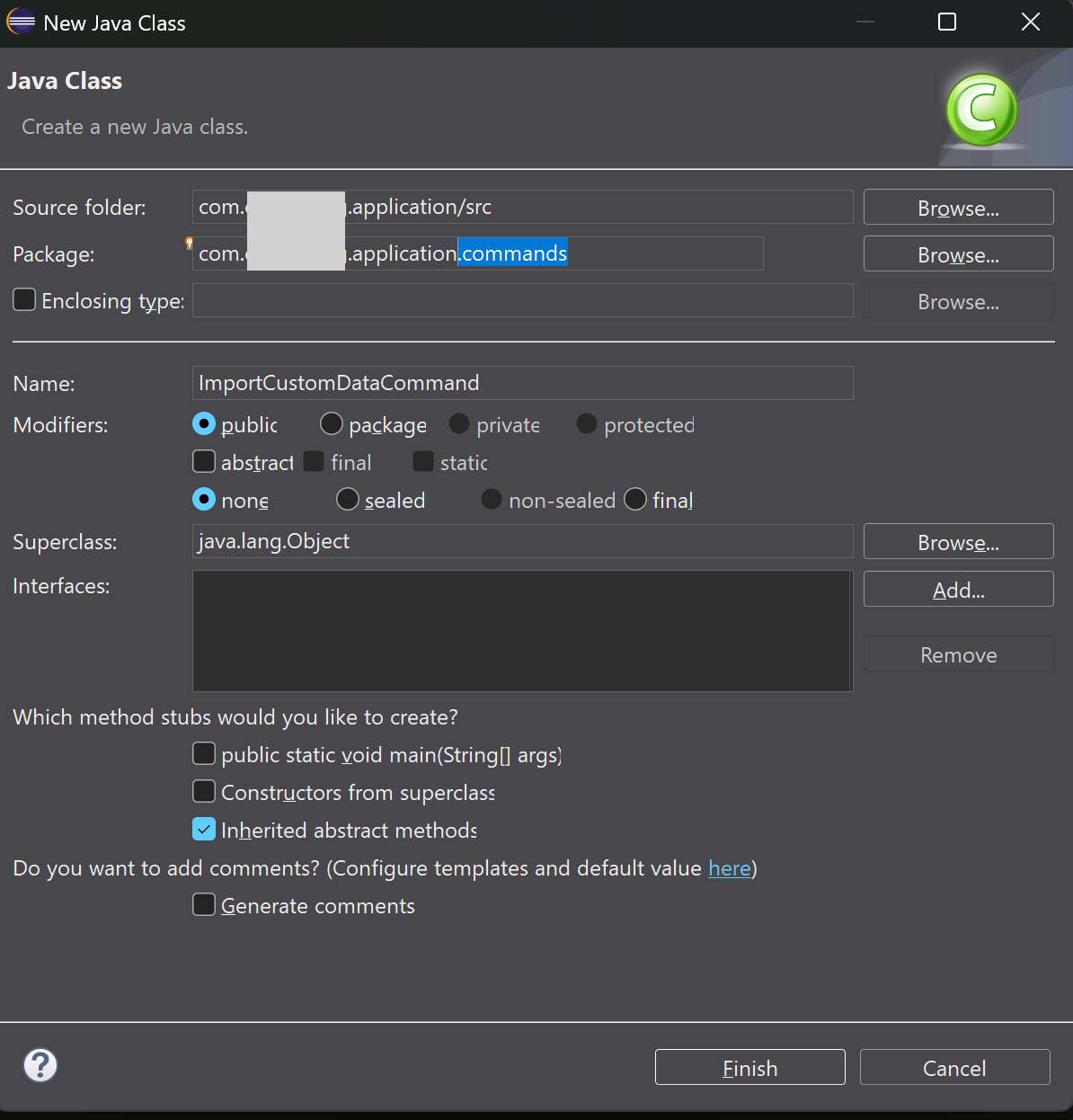 New Java Class dialog in IDE; configure class details like package, modifiers, superclass, interfaces, and method stubs.