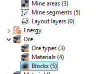 Hierarchical list with sections: Mine areas, Mine segments, Layout layers under Energy; Ore with sub-items Ore types, Materials, Blocks.