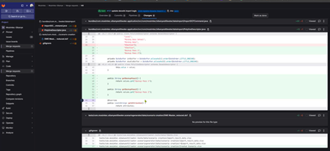 User interface showing a code diff in a Git client, highlighting removed and added lines in a file comparison.