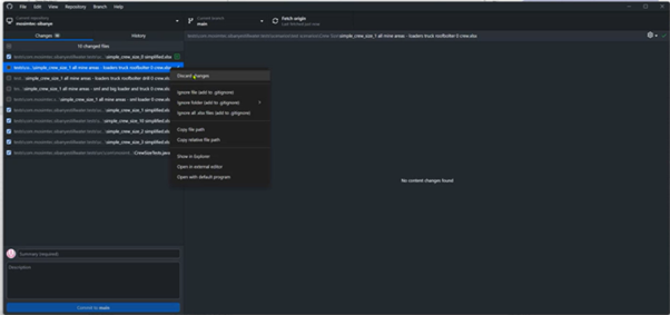 Graphical interface of a version control system displaying file changes with context menu options for ignoring files.