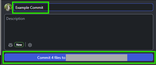 Commit interface with title input as "Example Commit", description box, and a button to commit four files.