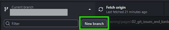 Interface showing version control options with a \"New branch\" button highlighted.