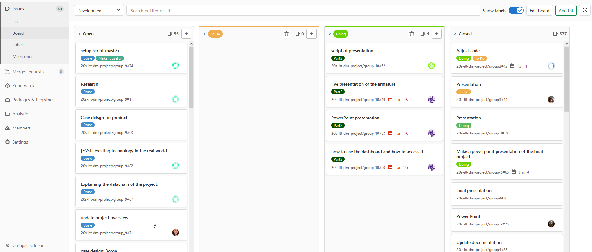 Kanban board with columns: Open, Doing, Closed; displaying tasks with labels, dates, and project group identifiers.