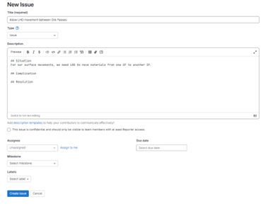New issue creation window with fields for title, type, description, assignee, milestone, and due date.