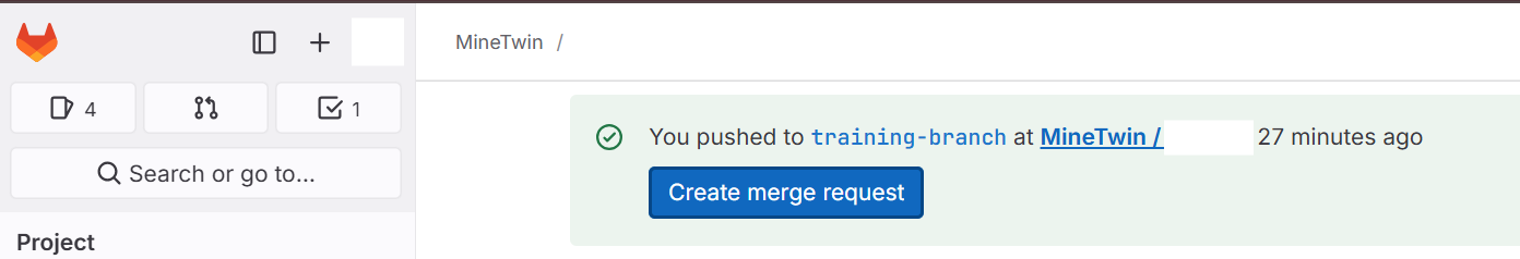 GitLab interface showing a notification: "You pushed to training-branch," with a "Create merge request" button.