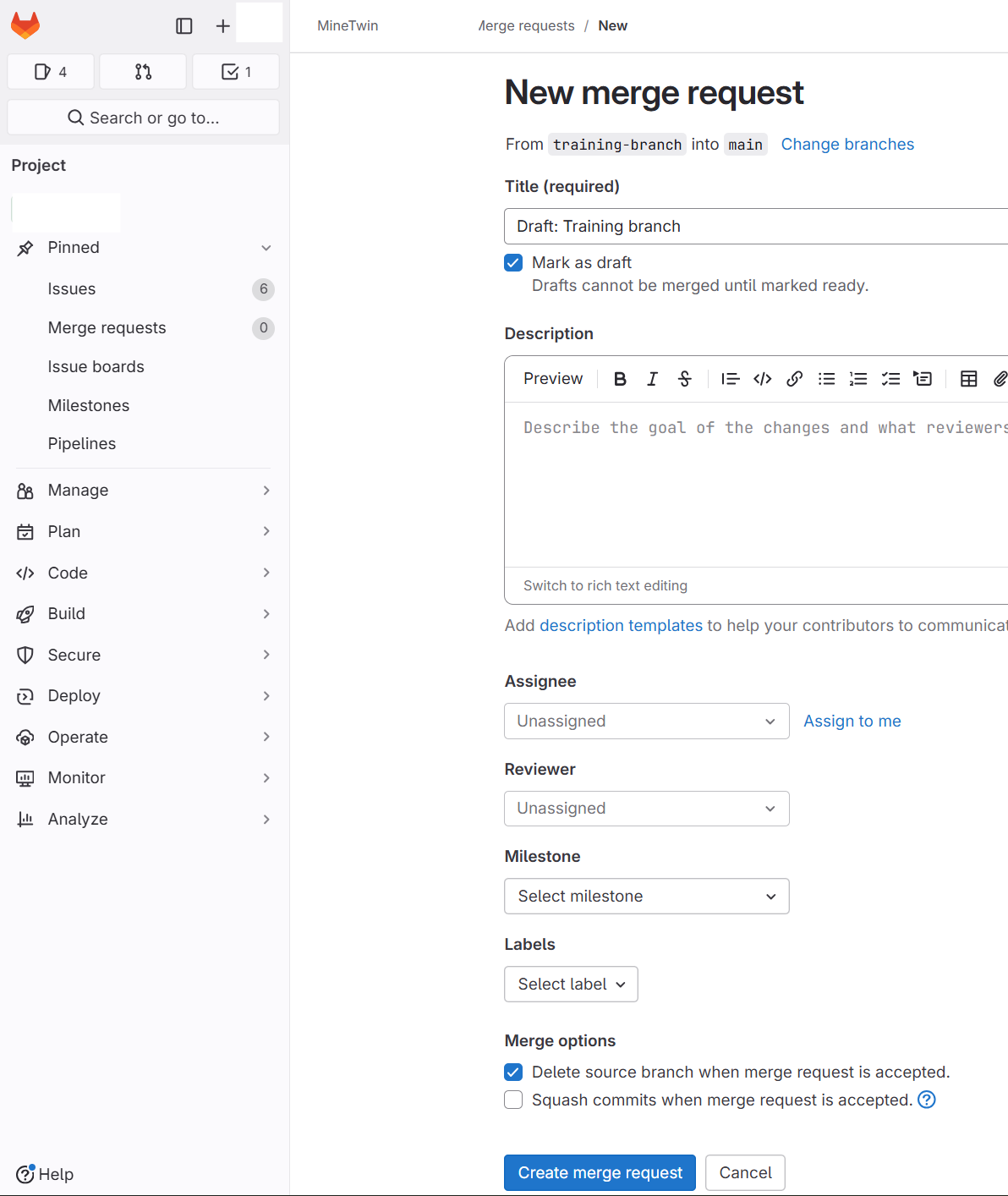 Create a new merge request, set as draft, with options for assignee, reviewer, milestone, labels, and merge settings.