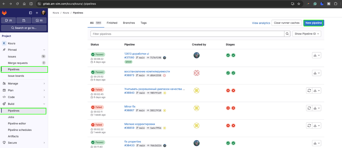 GitLab Pipelines page showing pipeline status, creator, stages, and options for managing the pipelines.