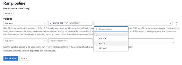 UI for configuring and running a pipeline with variable selection, dropdown options, and explanatory text for version increments.
