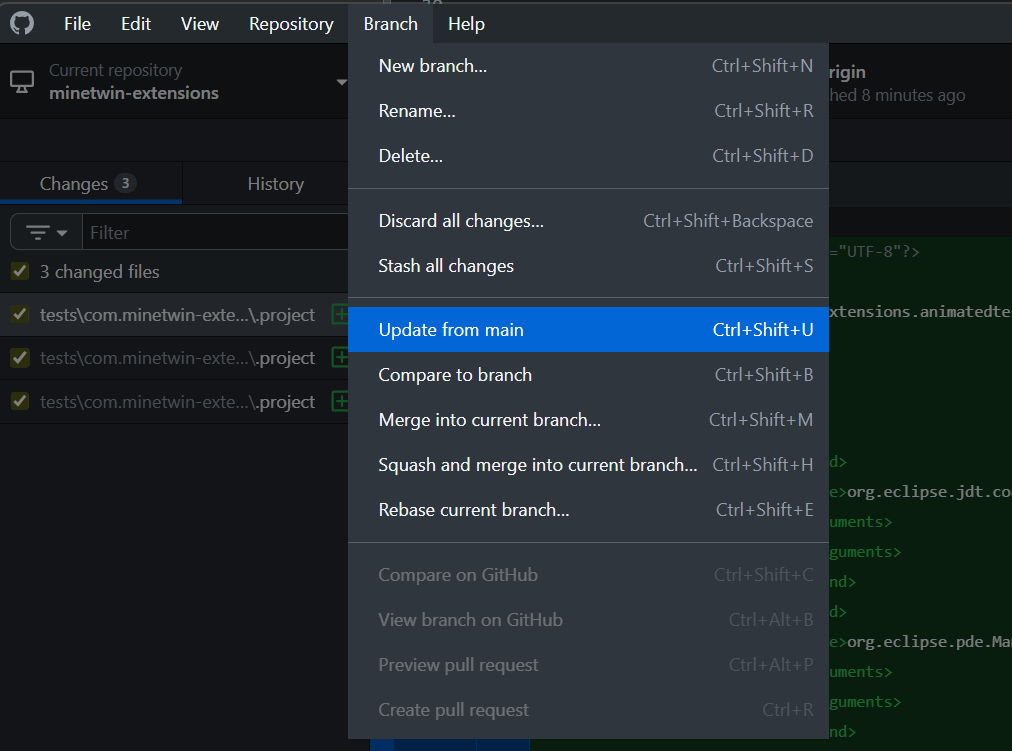 Screenshot shows a software interface with "Branch" menu open, highlighting "Update from main" option.
