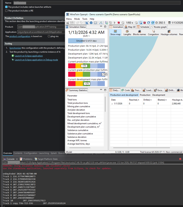 Eclipse IDE screenshot with MineTwin simulation interface, displaying production data and statistics, logs, and console output.