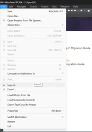Eclipse IDE screenshot showing the "File" menu options, including New, Open, Import, Export, and Switch Workspace.