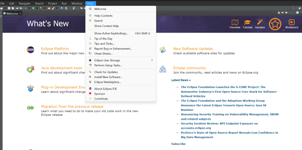 Eclipse IDE window showing the "Help" menu dropdown, and the "What’s New" section with quick links on the main interface.