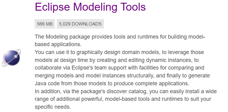 Eclipse Modeling Tools info: 566 MB, 5,029 downloads, provides model-based application tools and Java code generation.