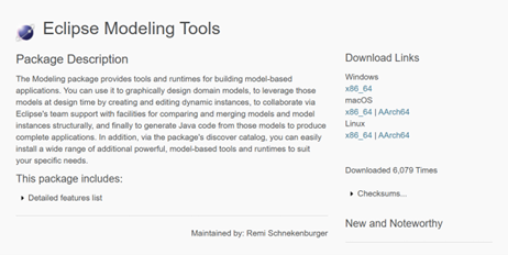 Eclipse Modeling Tools webpage with package description, download links for Windows, macOS, Linux, and additional information.